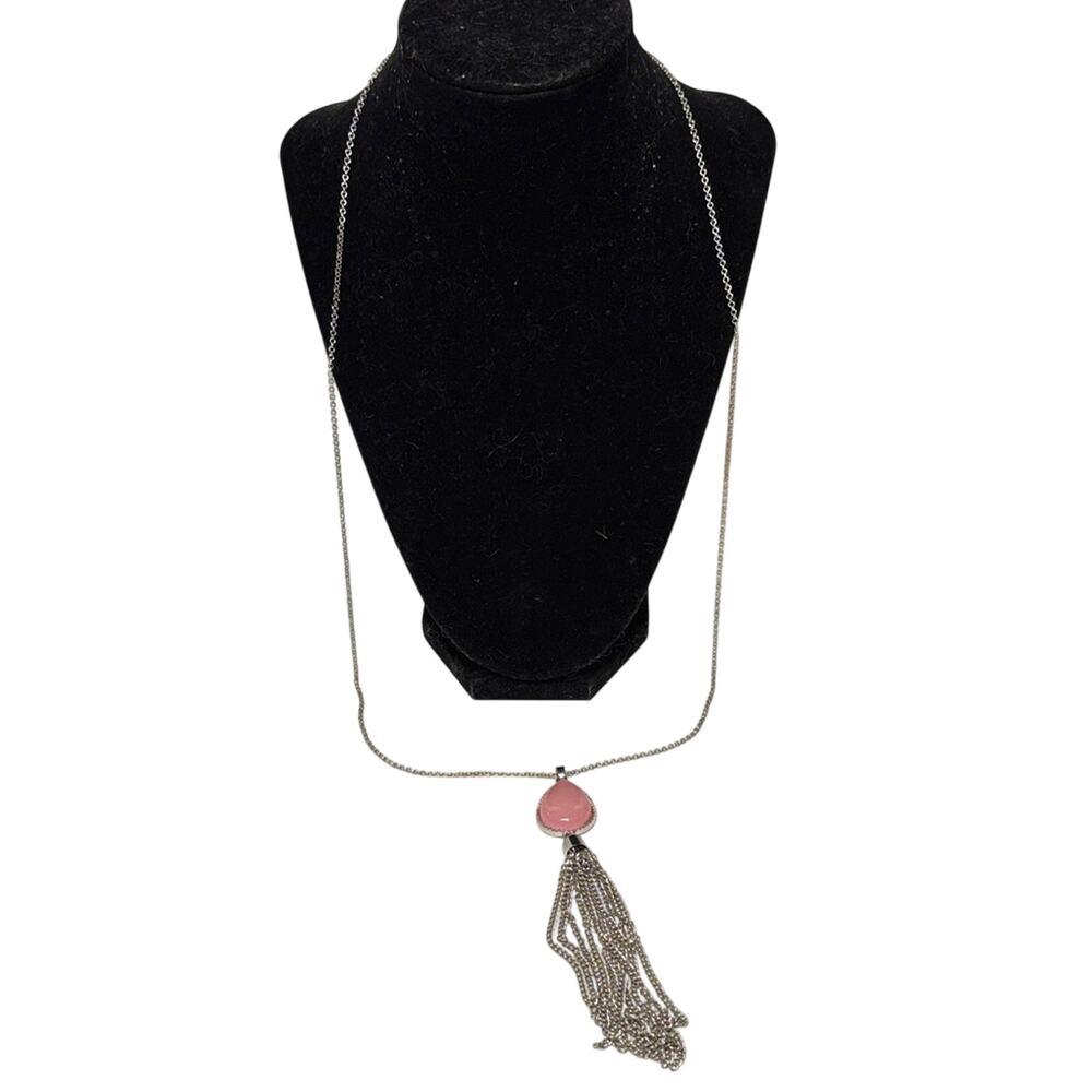 Long Silver Tone Tassel Necklace Pink Teardrop Pendant Boho 30”